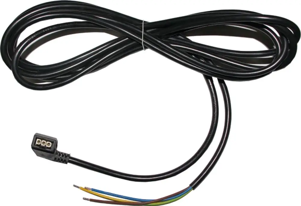 Schwarzes Kabel mit einem Stecker am Ende und mehreren offenen Drähten in verschiedenen Farben, geeignet für Anwendungen, möglicherweise in Verbindung mit Wolf-Produkten.